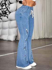 SHEIN ICON 女士花卉刺绣喇叭牛仔裤 - 藍色 - 查看 4