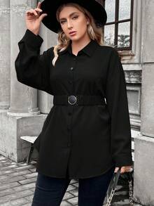 SHEIN Franclia 大尺碼女士純色長袖襯衫 - 黑色 - 查看 4