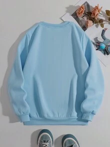 SHEIN EZwear Women's Fleece Sweatshirt With Slogan Print - Baby Blue - View 2