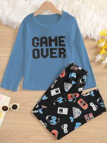 2pcs/Set Boys' Comfortable Casual Video Game Print Long Sleeve Top And Pants Pajama Set