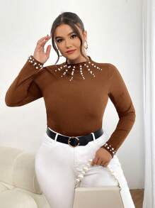 SHEIN Privé 大尺碼女士鑽石細節修身t恤 - 鏽棕色 - 查看 3