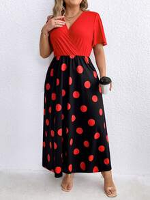 SHEIN Clasi 大尺寸圓點印花裹身喇叭袖連身裙 - 黑色 - 查看 5