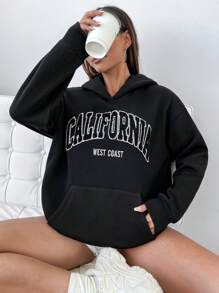 SHEIN Unity Áo nỉ tay dài có mũ, kiểu dáng vai rớt, thêu chữ cái tiếng Anh, thích hợp mặc mùa thu. - màu đen - Xem 3