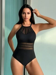 SHEIN Swim 女士網紗拼接領口一片式泳衣狂歡節