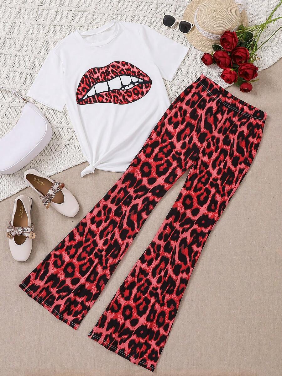 Teenage Girls' Lip Pattern Printed T-Shirt And Leopard Print Flare Pants Set - Multicolor - View 1