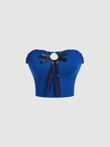 SHEIN MOD Women'S Frill Trim & Bowknot Decorated Strapless Top - Royal Blue - View 1