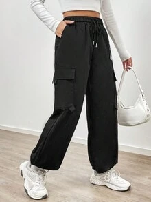 SHEIN Unity 星號字母印花束口腰休閒運動長褲,帶彈性束口 - 黑色 - 查看 3