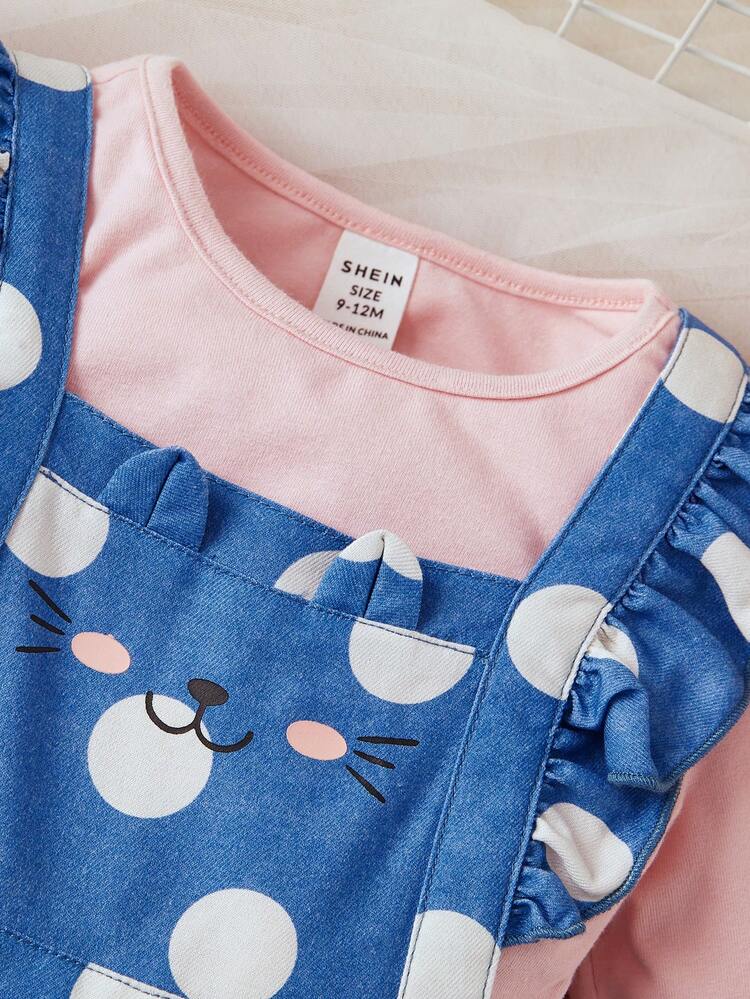 Baby Girl Casual Polka Dot Print Ruffle Strap Dress With Knit Long Sleeve Top Set