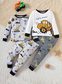 Conjunto De Dos Piezas De Manga Larga Y Pantalón Estampado Con Dibujo Animado Para Niños, Ajustado Para Uso En Casa