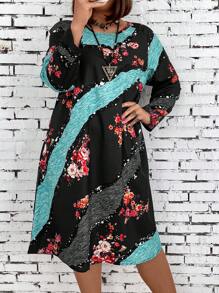 EMERY ROSE Plus Size Women's Floral Print Patchwork Dress - Multicolor - View 3