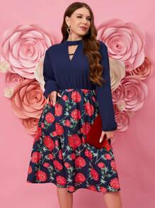 SHEIN Clasi Women's Plus Size Floral Printed Patchwork Knee-Length Dress