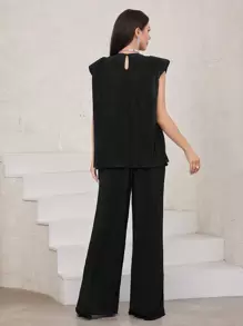Modelyn 女士肩墊分裂式上衣和褲子兩件套 - 黑色 - 查看 4