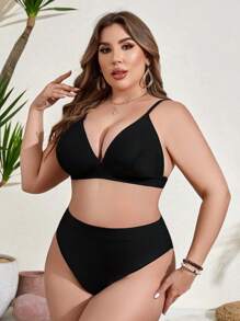 SHEIN Swim Curve Summer Beach Plus Size Jednokolorowe bikini z wysokim stanem Festiwal muzyczny