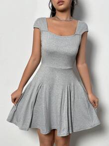 Flirla Women's Square Neckline Bodycon Cross Back Dress - Grey - View 4