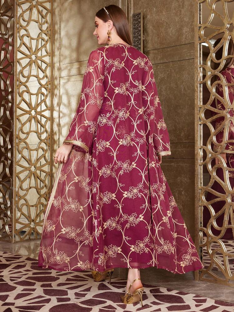 Burgundy Red Lady'S Floral Embroidered Jacket And Dress Set, Moroccan Caftan, Elegant Luxury Evening Party Style Abayas