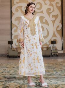 Al Najma 色塊刺繡花卉拼接鈴袖連衣裙 - 杏色 - 查看 6