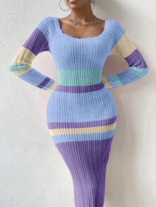 SHEIN Essnce 露肩長袖彩色區塊毛衣裙 - 淺藍色 - 查看 4