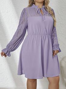 SHEIN Frenchy Plus Size Women's Lace Splice Gathered Waist Dress - Mauve Purple - View 4