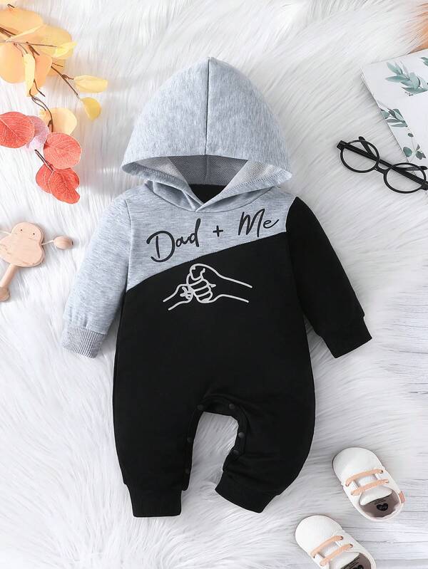 Baby Boy Minimalist Letter Pattern Color Block Hooded Jumpsuit