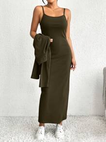 SHEIN Essnce Của phụ nữ Màu thuần Nút phía trước Áo khoác Và Váy liền áo Bộ - xanh quân đội - Xem 3
