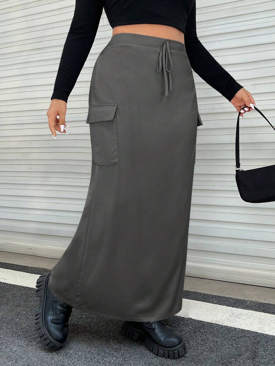 SHEIN EZwear Plus Size High Waist Cargo Utility Skirt - Grey - View 1