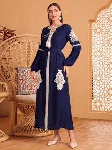 Al Najma Lantern Sleeve Dress With Tied Collar