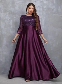 Plus Size Sequin Patchwork Satin Maxi Long Dress With Flared Hem Elegant Formal Prom Wedding Guest Gown, For Graduation, Dinner - 紫色 - 查看 3
