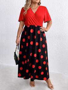 SHEIN Clasi 大尺寸圓點印花裹身喇叭袖連身裙 - 黑色 - 查看 4