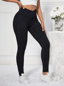 X形十字黑色迷彩高腰v型緊身褲 - 黑色 - 查看 6