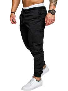 Manfinity Homme Men's Drawstring Waist Slant Pocket Cargo Pants, For Fall - Black - View 3