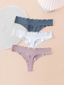 Women's Casual Comfy Knitted Fabric Plain Thong Panties With Contrast Lace Detail Multi-Color Pack - Multicolor - View 2