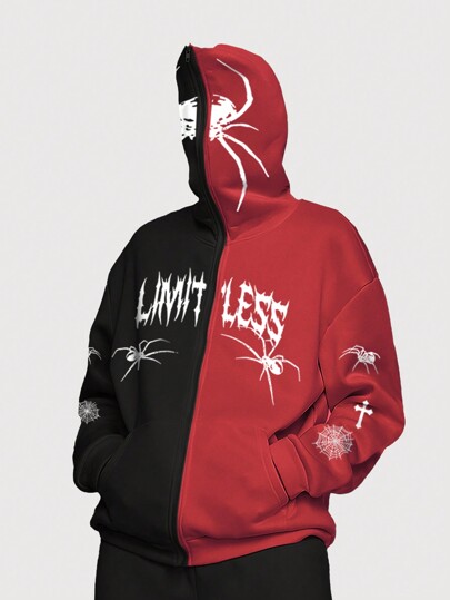 Goth Sudadera con capucha con cremallera con estampado de letras y arañas, Halloween