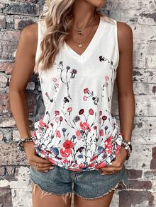 SHEIN LUNE 女士花卉印花 V 领无袖上衣 图案 T 恤 女士上衣 - 白色 - 查看 3