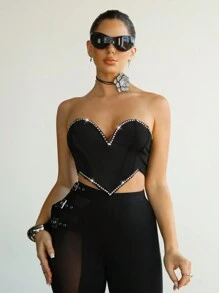 SHEIN ICON Ladies' Asymmetrical Hem Top With Rhinestone Decoration - Black - View 2