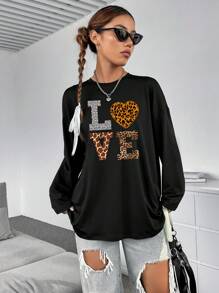 SHEIN EZwear 女士印花長袖t恤 - 黑色 - 查看 7