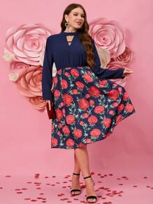 SHEIN Clasi Women's Plus Size Floral Printed Patchwork Knee-Length Dress