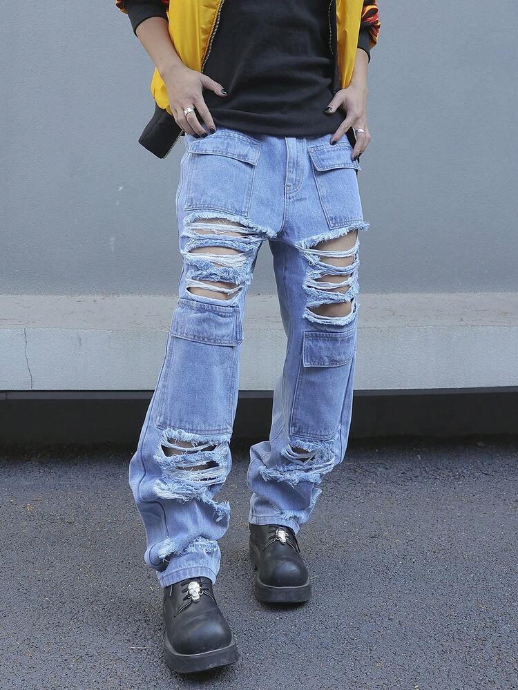Men'S Straight Leg Jeans With Distressed Details