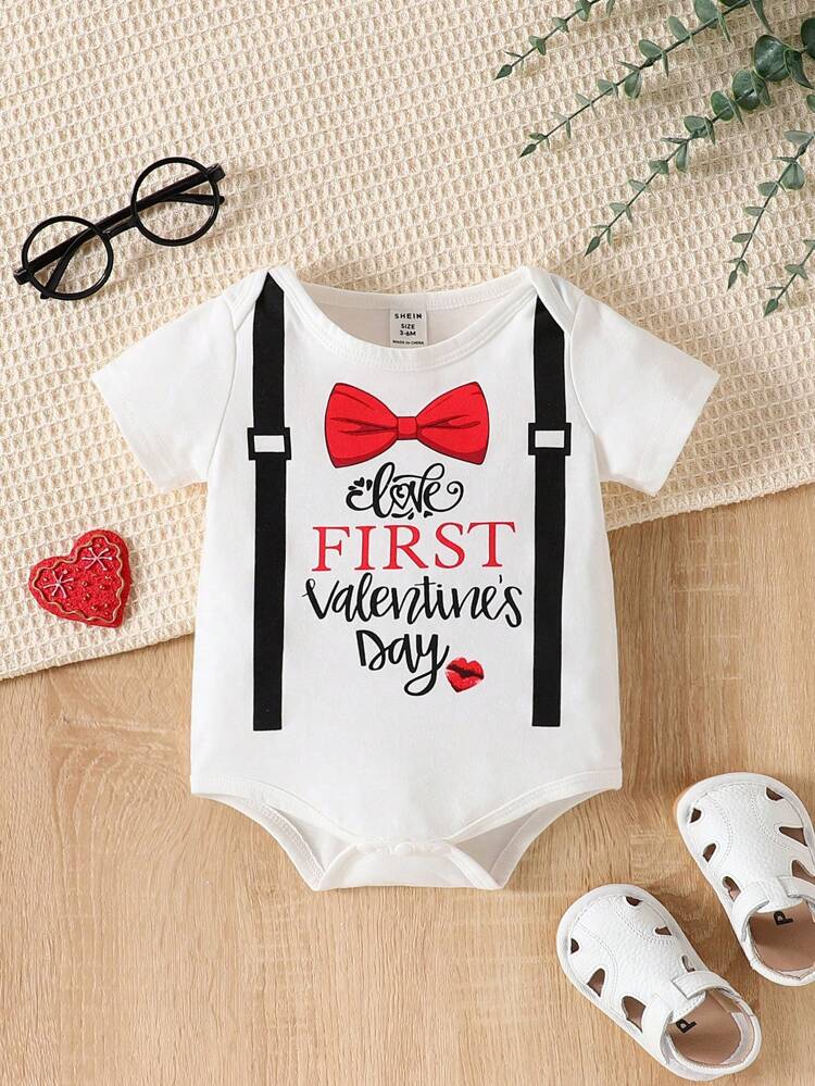 Baby Boy Bow Knot & Slogan Printed Short Sleeve Bodysuit