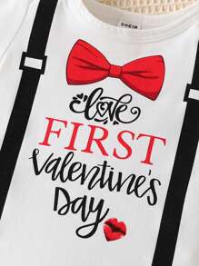 Baby Boy Bow Knot & Slogan Printed Short Sleeve Bodysuit - Multicolor - View 5