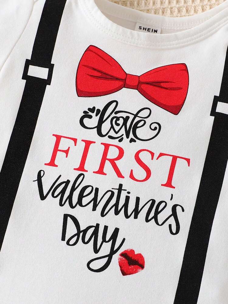 Baby Boy Bow Knot & Slogan Printed Short Sleeve Bodysuit