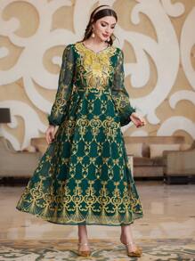 Layrah Váy Caftan Jalabiya chắp vá theo phong cách Baroque dành cho nữ có cổ tay bằng lông và họa tiết Arabesque, phong cách tiệc tối sang trọng thanh lịch - màu xanh lá - Xem 6