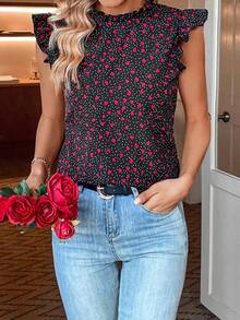 SHEIN Clasi Love Tim In Vòng cổ Xù Hoa Sen Trang trí Giải trí Áo sơ mi - màu đen - Xem 4