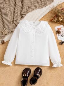 Tween Girls' Peter Pan Collar Shirt With Eyelet Embroidery And Bell Sleeves - White - View 3