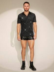 FeverCity Men's Diamond Studded Polo Shirt - Black - View 6