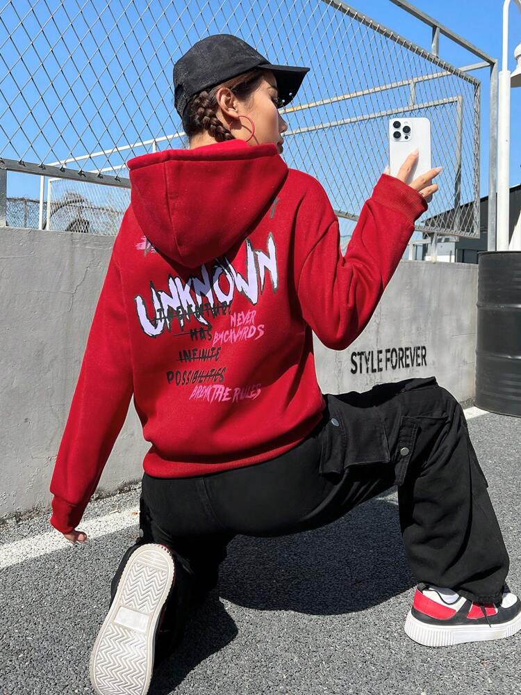 Letter Printed Drawstring Hoodie, Back Design
