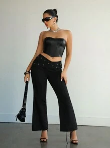 SHEIN ICON Low-Rise V-Neck Design Flared Pants - Black - View 5