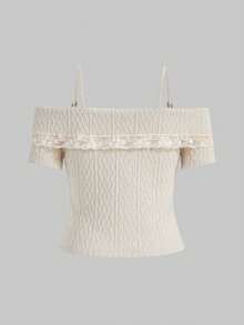 ROMWE Fairycore Áo thun hở vai phối ren có trang trí nơ - trắng - Xem 2
