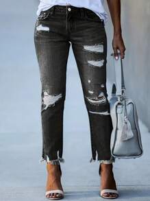 Street Style Distressed Washed Pants - Black - View 1