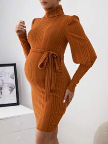 SHEIN 孕婦高領羊肉袖自帶腰帶連身裙 - 棕色 - 查看 5