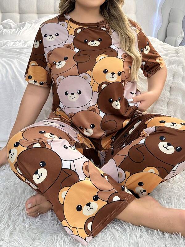 Set de pijamale cu mâneci scurte și pantaloni, cu mâneci scurte și pantaloni, cu imprimeu de ursuleț de mărime Plus